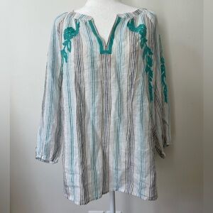 J. Jill Linen Top Coastal Stripe Beachy Embroidered Size XL White Teal